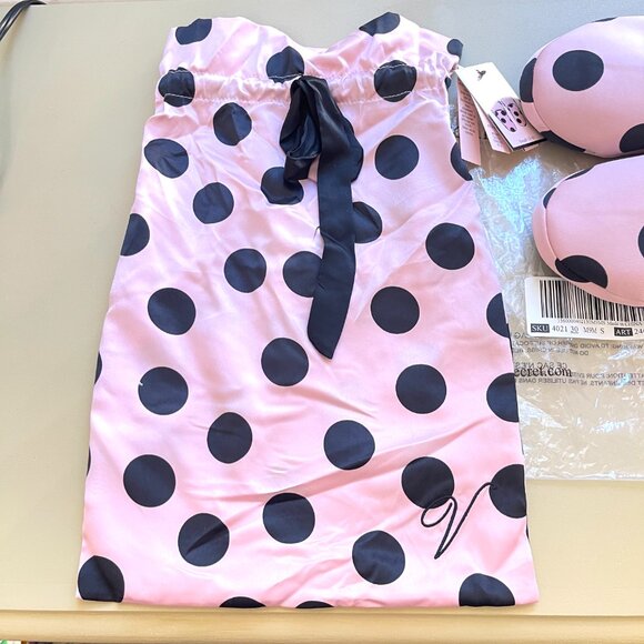 New Victoria's Secret Slippers Small 5 6 Pink Black Dot Satin Faux Fur NWT - Picture 5 of 10